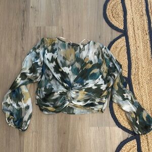 Zara Green and White Crop Tie Front Blouse